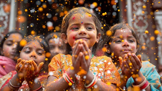 Photo des familles jettent des poudres colorées lors des célébrations de holika dahan