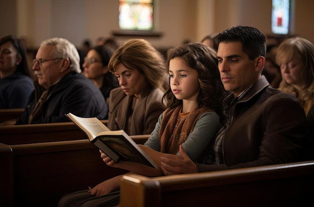 Les familles lisent la Bible lors d'un service religieux dans le style d'un film