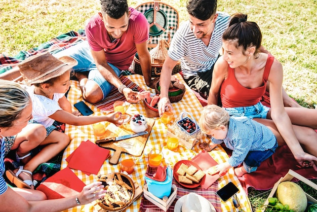 Familles multiraciales s'amusant avec des enfants au parc lors d'une soirée pique-nique