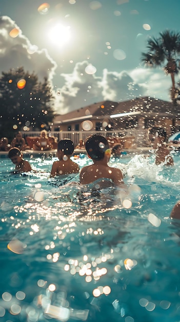Des familles profitant d'une fête à la piscine dans le quartier lors d'un été chaud Vacances de voisins Arrière-plan créatif jpg