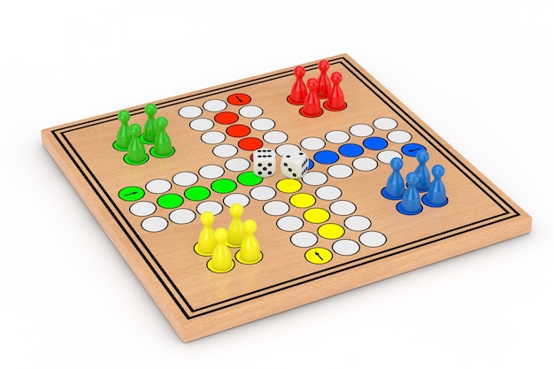 Family Ludo Desk Jeu de société en bois sur fond blanc. Rendu 3D