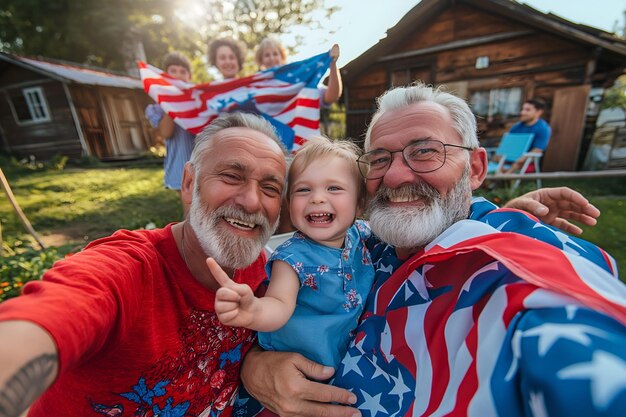 Photo family with seniors and baby hold american flag barbecue celebration 4 july independence day