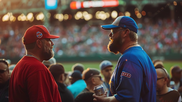 Un fan des Cubs debout devant un fan des Cardinals lors d'un match de baseball face à face