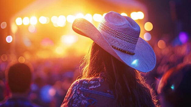 Fan enthousiaste dans un chapeau de cowboy élégant lors d’un concert de musique