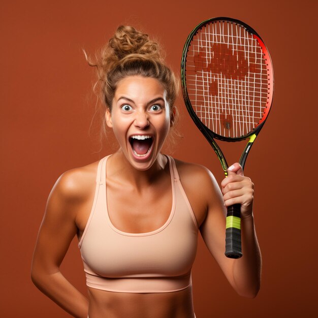 Photo une fan excitée tenant une raquette de tennis sur un fond brun