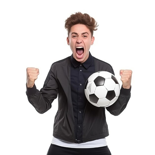 Photo fan de football blanc chemise rouge lancer le poing prêt les dents pho