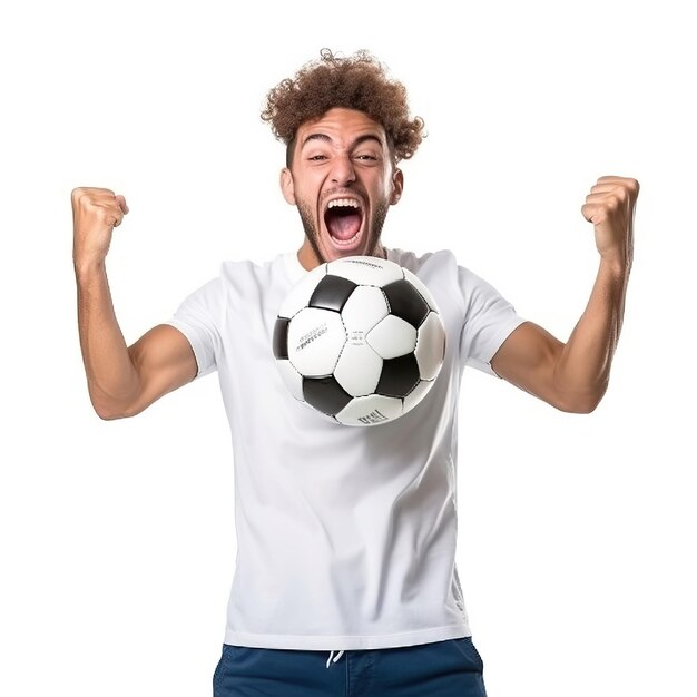 Photo fan de football blanc chemise rouge lancer le poing prêt les dents pho