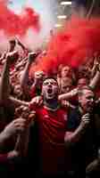 Photo un fan de football avec une chemise rouge et blanche célèbre avec les fans dans les tribunes