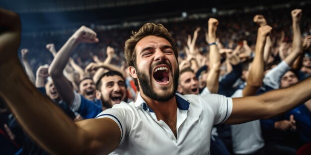 Un fan de football est submergé d'émotions avec les mains en l'air pour soutenir son équipe préférée