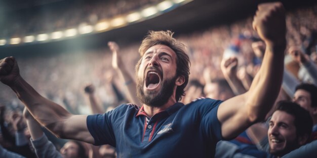 Un fan de football est submergé d'émotions avec les mains en l'air pour soutenir son équipe préférée