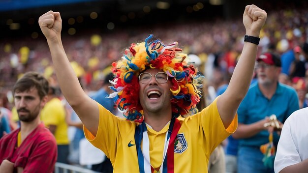 Photo un fan de football avec une perruque et une vuvuzela fête