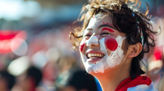 Un fan japonais joyeux avec le visage peint lors d'un événement sportif avec un fond flou du stade