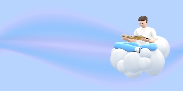 Fan de littérature, un jeune homme dans le ciel sur un nuage lit un livre.