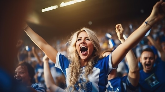 Photo une fan de sport heureuse avec un groupe de nombreux amis qui applaudissent et sont excités de regarder l'équipe de football
