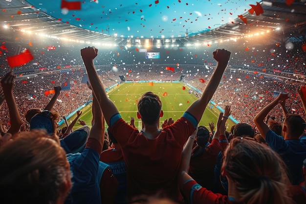 Photo des fans applaudissant avec enthousiasme en agitant des drapeaux lors d'un événement sportif