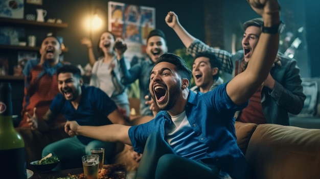 des fans applaudissent dans un bar avec le mot victoire à l'écran