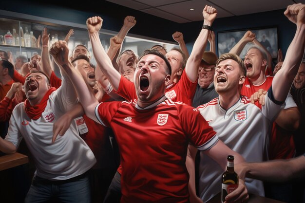 Photo des fans de football anglais enthousiastes applaudissant leur équipe lors d'un match au stade.