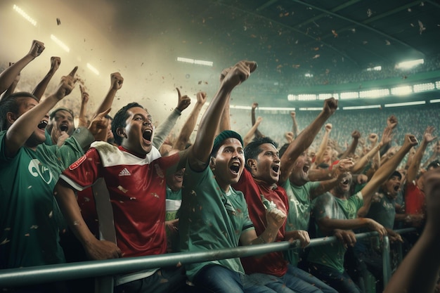 Des fans de football bangladais enthousiastes encouragent leur équipe lors d'un match au stade.