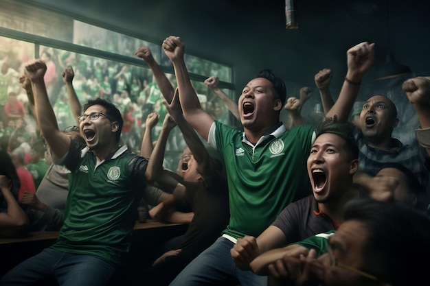 Des fans de football bangladais enthousiastes encouragent leur équipe lors d'un match au stade.