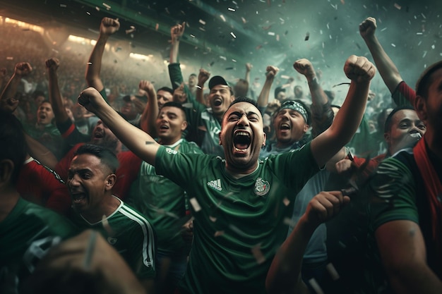 Des fans de football bangladais enthousiastes encouragent leur équipe lors d'un match au stade.