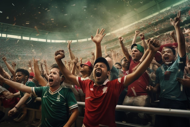 Photo des fans de football bangladais enthousiastes encouragent leur équipe lors d'un match au stade.