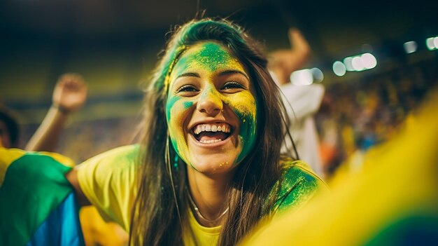 Des fans de football brésiliennes dans un stade de la Coupe du monde soutiennent l'équipe nationale