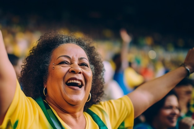 Des fans de football brésiliennes dans un stade de la Coupe du monde soutiennent l'équipe nationale