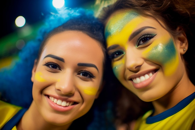 Des fans de football brésiliennes dans un stade de la Coupe du monde soutiennent l'équipe nationale