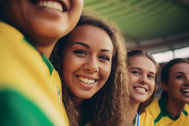 Des fans de football brésiliennes dans un stade de la Coupe du monde soutiennent l'équipe nationale