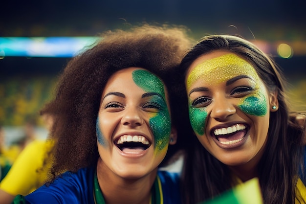 Des fans de football brésiliennes dans un stade de la Coupe du monde soutiennent l'équipe nationale