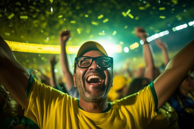 Des fans de football brésiliens enthousiastes applaudissent les bras levés dans un stade de football généré par Ai