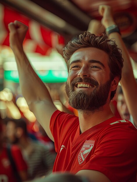 Photo les fans de football encouragent leur équipe avec des drapeaux peint des feux d'artifice et avec des émotions très fortes avec les mains levées en l'air criant et se réjouissant