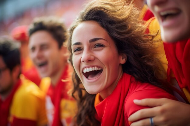 Photo fans de football espagnoles dans un stade de la coupe du monde célébrant la victoire de l'équipe nationale espagnole de football