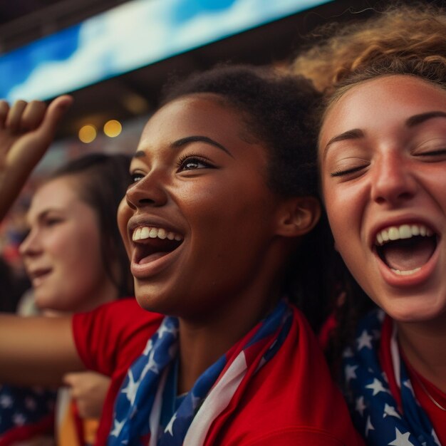 Photo fans de football féminin américain dans un stade de coupe du monde soutenant l'équipe nationale