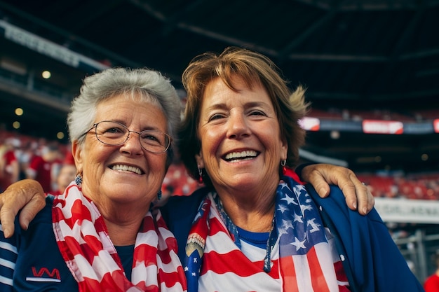 Fans de football féminin américain dans un stade de coupe du monde soutenant l'équipe nationale