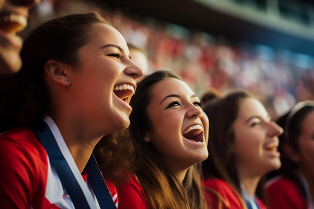 Fans de football féminin américain dans un stade de coupe du monde soutenant l'équipe nationale