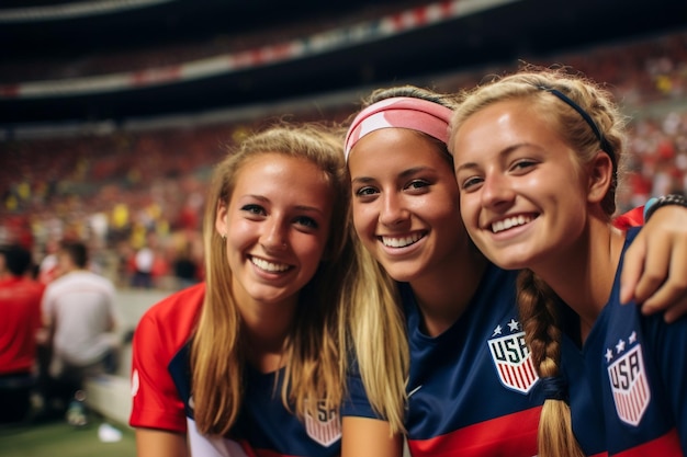 Fans de football féminin américain dans un stade de coupe du monde soutenant l'équipe nationale