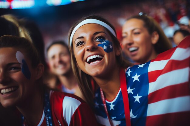 Fans de football féminin américain dans un stade de coupe du monde soutenant l'équipe nationale