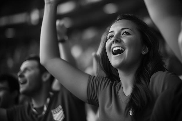 Fans de football féminin américain dans un stade de coupe du monde soutenant l'équipe nationale