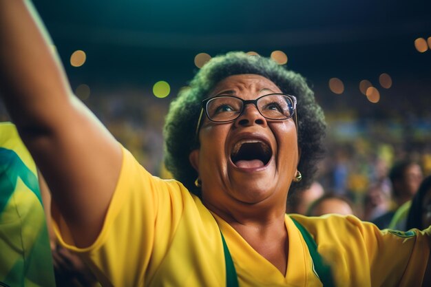 Photo fans de football féminin brésilien dans un stade de la coupe du monde soutenant l'équipe nationale