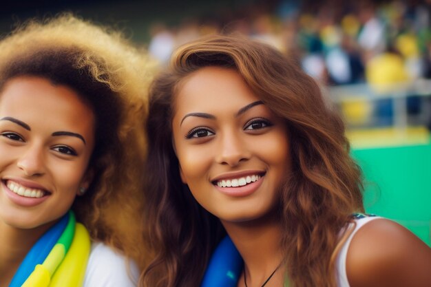 Fans de football féminin brésilien dans un stade de la Coupe du monde soutenant l'équipe nationale