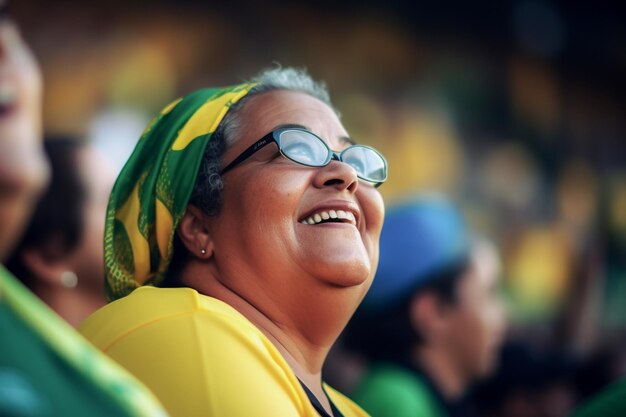 Fans de football féminin brésilien dans un stade de la Coupe du monde soutenant l'équipe nationale