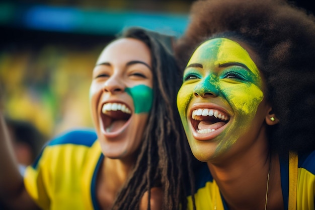 Fans de football féminin brésilien dans un stade de la Coupe du monde soutenant l'équipe nationale