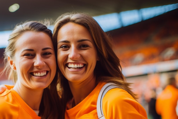 Fans de football féminin néerlandais dans un stade de la Coupe du monde soutenant l'équipe nationale