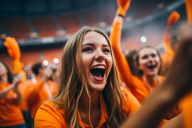 Fans de football féminin néerlandais dans un stade de la Coupe du monde soutenant l'équipe nationale