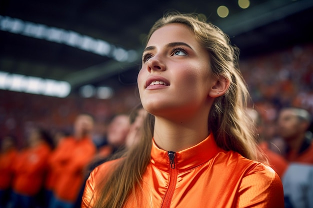 Fans de football féminin néerlandais dans un stade de la Coupe du monde soutenant l'équipe nationale