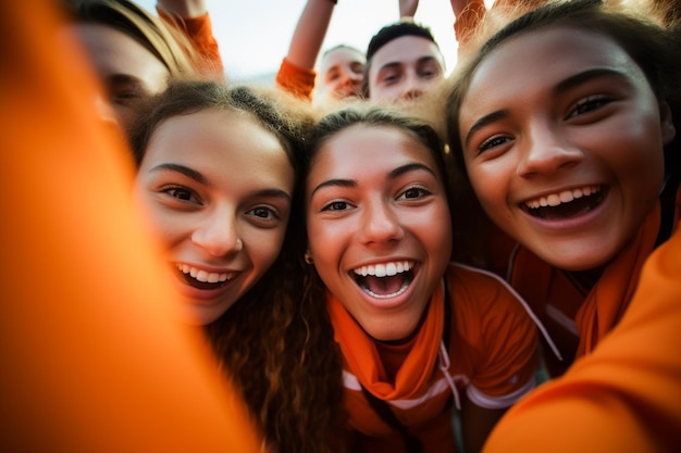 Des fans de football féminines néerlandaises dans un stade de la Coupe du monde qui soutiennent l'équipe nationale