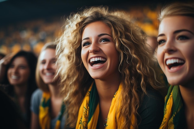 Fans de football femmes sur le stand de football soutenant leur équipe préférée émotions joie rire et cris de joie et soutenir le fan club