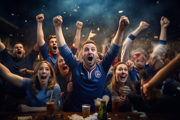 Photo des fans de football français enthousiastes applaudissent leur équipe lors d'un match au stade.