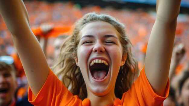 Photo des fans heureux crient et font des gestes joyeux lors d'un événement de football.